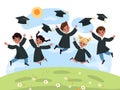 Kids graduation day. Kindergarten cute multiethnic children jump in black cloaks and academic hats. Successful graduate