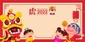 Kids greeting chinese new year with lion dance performance on banner copy space. Chinse new year lion dance theme Royalty Free Stock Photo