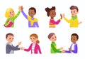 Kids greeting gesture. Girls and boys welcoming each other. Acquaintance and friendly relations. Giving five. Shaking