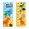 Kids growth rulers with Australian animals. Kindergarten decor. Baby measuring wall meters with funny exotic fauna