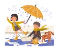 Kids in gumboots playing under rain. Happy cute children with paper boat and umbrella in rainy weather. Boy, girl and