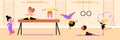 Kids gymnastic class banner with children in gym, flat vector illustration. Royalty Free Stock Photo