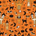 Kids Halloween background. Seamless vector pattern with hand drawn witch, spooky castle, cats, spiders, bat. Cute