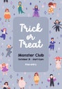 Kids Halloween card design. Ad flyer for Trick or Treat party for children. Festive promo background template for