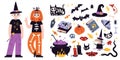 Kids in halloween costumes and attributes of the holiday. Funny and cute carnival kids set, cartoon style. Trendy modern