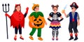 Kids in Halloween costumes of devil, pumpkin, skeleton and pirate. Vector illustration. Cute kids celebrate holidays