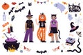 Kids in halloween costumes and a frame from the attributes of the holiday. Funny and cute carnival multiracial kids set