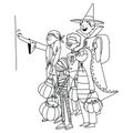 Kids on Halloween in costumes knocking on neighbors' doors, flat line illustration