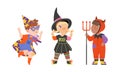 Kids in halloween costumes set. Cute children dressed as astronomer, witch and devil cartoon vector illustration Royalty Free Stock Photo