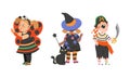 Kids in halloween costumes set. Cute children dressed as butterfly, witch and pirate cartoon vector illustration