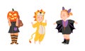 Kids in halloween costumes set. Cute children dressed as scary pumpkin, lion and bat cartoon vector illustration Royalty Free Stock Photo