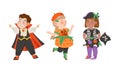 Kids in halloween costumes set. Cute children dressed as vampire, pumpkin and devil cartoon vector illustration Royalty Free Stock Photo