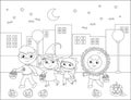 Halloween children in cityscape, coloring cartoon illustration