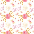 Kids Halloween seamless pattern with pink spiders and orange cobwebs.