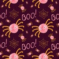 Kids Halloween seamless pattern with pink spiders and orange cobwebs.