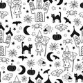 Kids Halloween vector pattern. Seamless monochrome background with hand drawn witch, spooky castle, cats, spiders, bat