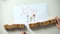 Kids hand putting child custody phrase made of cubes on family picture, orphan