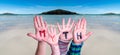 Kids Hands Holding Word Myth, Ocean Background