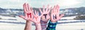 Kids Hands Holding Word Myth, Snowy Winter Background