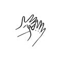 Kids hands reaching out to each other. Outline llustration in hand drawn style