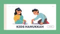 Kids Hanukkah Landing Page Template. Happy Children Playing With Wooden Dreidels. Little Girl and Boy Spinning Toys