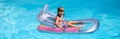 Kids happy summer. Summertime vacation. Child in pool. Boy swimming at swimmingpool. Funny kid on inflatable rubber Royalty Free Stock Photo