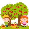 Children picking cherries under a cherry tree. Vector illustration Royalty Free Stock Photo