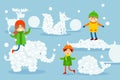 Kids have fun and dream, flat vivid imagination vector illustration. Girls and boy ride snow made wild animal, elephant