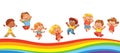 Kids jumping on a rainbow, like on a trampoline Royalty Free Stock Photo