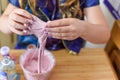 Kids have fun learning at home making slime in a creative science experiment Royalty Free Stock Photo