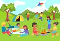 Kids have fun and play in summer camp, holidays outside city, happy girls and boys at picnic, cartoon style vector