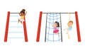 Kids Having Fun on Playground Set, Little Children Swinging on Swing and Climbing up Rope Ladder Cartoon Vector Royalty Free Stock Photo