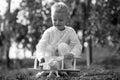 Kids having fun with toy airplane in field against nature background. Adventure and vacations children concept. Summer Royalty Free Stock Photo