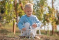 Kids having fun with toy airplane in field against nature background. Adventure and vacations children concept. Summer Royalty Free Stock Photo