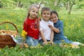 Kids having picnic among dandelion field Royalty Free Stock Photo