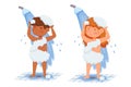 Kids having shower. Girl and boy washing hair and body standing under water. Cartoon female and male characters in soap Royalty Free Stock Photo