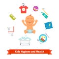 Kids health and hygiene icons. Baby boy