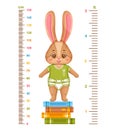 Kids height chart with cute bunny, children growth measuring. Meter wall ruler. Funny baby rabbit character. Stadiometer. Vector Royalty Free Stock Photo