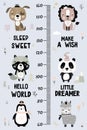 Kids height chart. Cute and funny doodle animals. Growth chart in scandinavian style