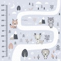 Kids height chart. Cute and funny doodle wild animals in forest. Growth chart or banner in scandinavian style Royalty Free Stock Photo