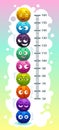 Kids height chart with funny cartoon colorful round fluffy characters.