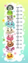 Kids height chart template with funny cartoon round animals.