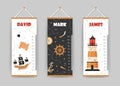 Kids height charts collection. Meter wall with pirate ship, lighthouse and map. Vector illustration in doodle cartoon