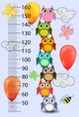 Kids height meter with cute owls. Funny stadiometer from 50 to 150 centimeter