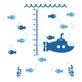 Kids height ruler with submarine and fishes for wall decals, wall stickers - Vector