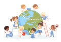 Kids Help Save the World, Children Cleaning up Wasteson the Earth, Nature and Ecology Protection, Happy Earth Day Royalty Free Stock Photo