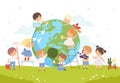 Kids Help Save the World, Children Volunteers Cleaning up Wastes and Plant Trees on the Earth, Nature and Ecology Royalty Free Stock Photo