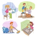 Kids helper character housekeeping scenes set