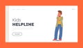 Kids Helpline Landing Page Template. Upset Boy, Teenager with Sad Face Expression. Bad Mood, Problem in Family or School