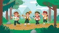 Kids on a hike. Cartoon kids walking in wood, summer journey and adventure trip with backpacks. Vector scout kids